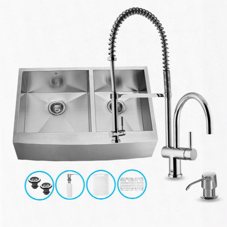 Vg15196 36" Stainless Steel Kitchen Sink Set With 8.625" Stainlses Steel Faucet Soap Dispenser 2 Bottom Grids 2 Strainers Embossed Vigo Cutting Board And