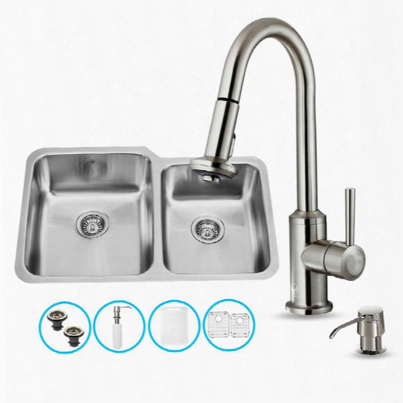 Vg15313 All In One 32" Undermount Kitchen Sink And Faucet Set With Solid Brass Pull Out Spray Soap Dispenser Bottom Grid Sink Strainer And Embossed Vigo