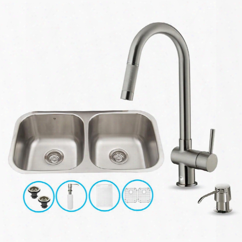 Vg15338 All In One 32" Undemount Kitchen Sink And Faucet Set With Solid Brass Pull Out Spray Soap Dispenser Bottom Grid Sink Strainer And Embossed Vigo
