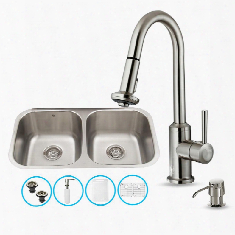 Vg15339 All In One 32" Undermount Kitchen Sink And Faucet Set With Solid Brass Pull Out Spray Soap Dispenser Bottom Grid Sink Strainer And Stainless Steel