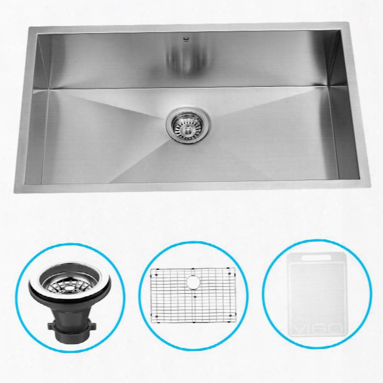 Vg3291ck1 32" Undermount Single Bowl Kitchen Sink In 16-gauge 304 Stainless Steel With Embossed Vigo Cutting Grid And