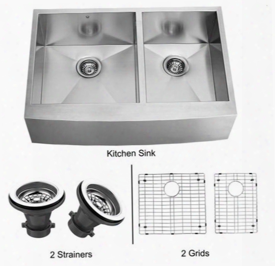 Vg3620blk1 36" Farmhouse Double Bowl Kitchen Sink In 16-gauge 304 Stainless Steel With Embossed Vigo Cutting Board 2 Grids And 2