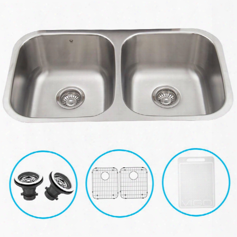 Vgr3218blk1 32" Undermount Kitchen Sink With Grids Strainers Double Bowl Sound Resistant Coating Embossed Vigo Cutting Board: Stainless