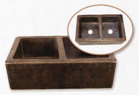 Hw-cop12 Hammerwerks Series Apron Front Farmhouse Copper 50/50 Double Bowl Kitchen Sink Antique
