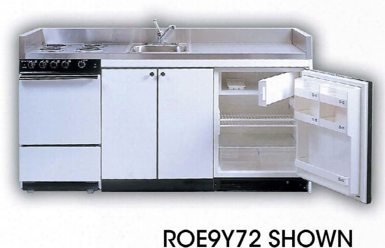 Roe9y78 78" Full Feature Kitchenettes Compact Kitchen With Stainless Steel Countertop 4 Electric Burners Oven Sink And 24" 12 Cu. Ft. Upright Refrigerator