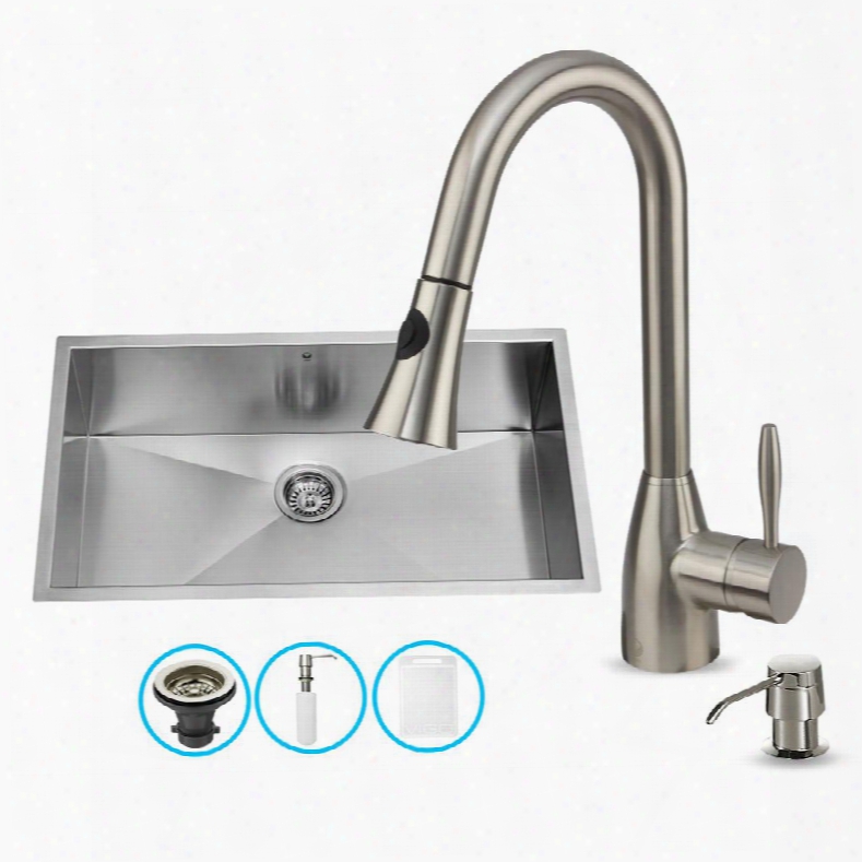 Vg15042 32" Stainless Stel Kitchen Sink Se Twith 16" Stainless Steel Faucet Pull-out Spray Head Embossed Vigo Cutting Board And Soap