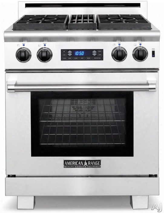 American Range Medallion Series Arr304df 30 Inch Pro-style Dual-fuel Range With 4 Sealed Burners, 4.7 Cu. Ft. Straight Convection Oven, Self-clean, Infrared Broiler, Blue Vfd Display And Electronic Keypad