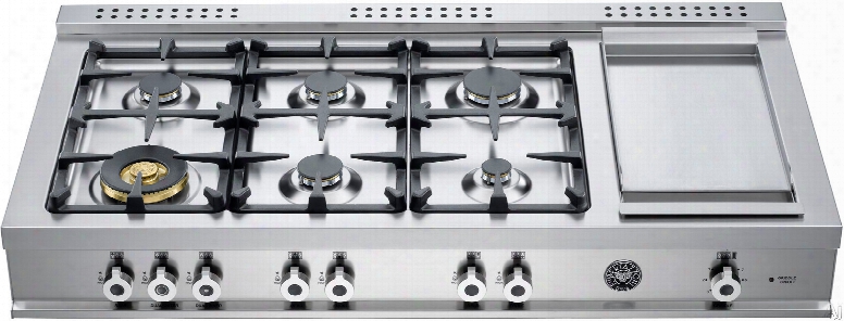 Bertazzoni Professional Series Cb486g00 48 Inch Pro-style Gas Rangetop With 6 Sealed Burners, 18,000 Btu Brass Power Burner, Electric Griddle, Continuous Grates And Island Trim Included