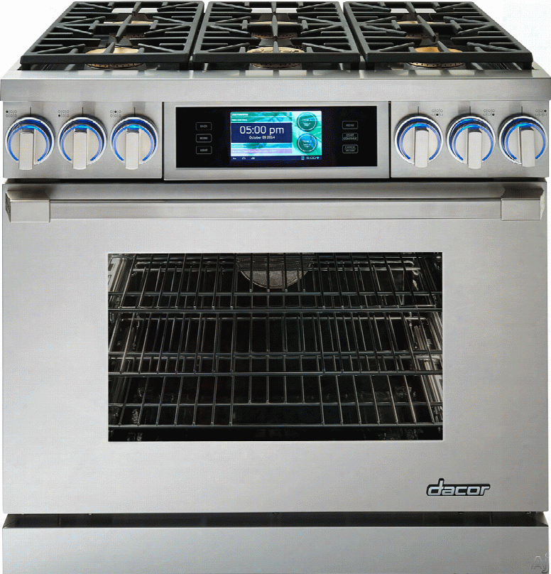 Dacor Discovery Iq Dyrp36d 36 Inch Slide-in Dual-fuel Range Oven With 5.2 Cu. Ft. Oven, 3,500 W Broil Element, 6 Sealed Burners, 18,000 Btu Burnre Output, Iq Contr Oller And Continuous Grates