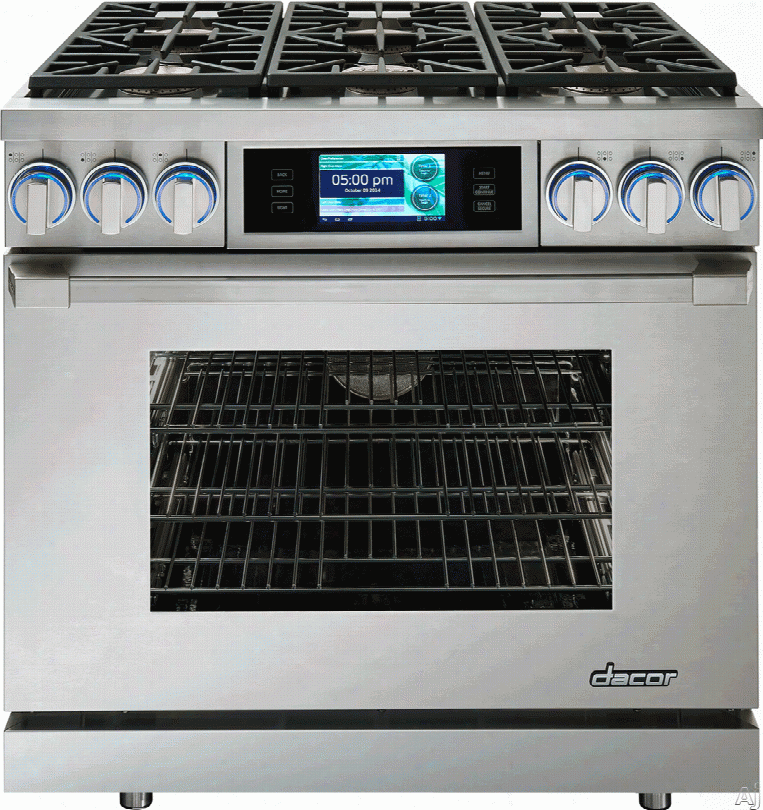 Dacor Discovery Iq Dyrp36dsngh 36 Inch Slide-in Dual-fuel Range Oven With 5.2 Cu. Ft. Oven, 3,500 W Broil Elenent, 6 Sealed Burners, 18,000 Btu Burner Output, Iq Controller And Continuous Grates: Stainless Steel Natural Gas High Altitude