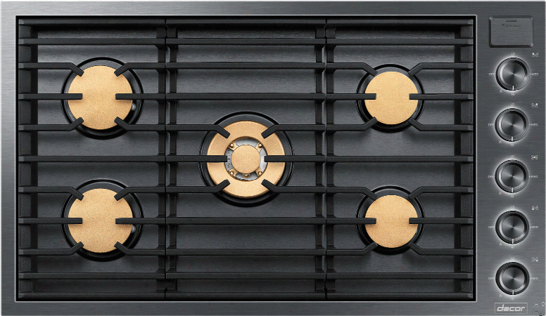 Dacor Modernist Dtg36m955fx 36 Inch Gas Cooktop With Iq Kitchen, Illumina␞ Knobs, 18.5k Power Burner, 5 Sealed Brass Burners, Wok Ring, Auto Re-ignition And Continuous Grates