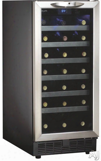 Danby Silhouette Series Dwc153rbls 15 Inch Built-in Wine Cooler With 34-bottle Capacity, 6 Stainless Steel Trimmed Shelves And Blue Led Interior Lighting System