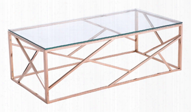 100180 Cage 47" Coffee Table With Slim Angled Strip Designs And Clear Tempered Glass Top In Rose Gold
