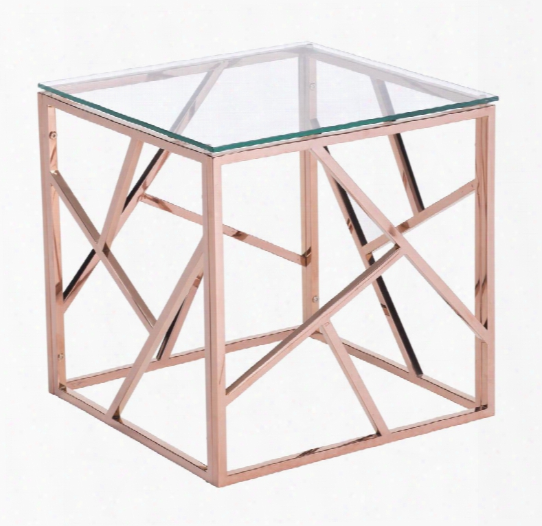 100182 20" Side Table  With Slim Angled Strip Designs And Clear Tempered Glass Top In Polished Stainless Steel In Rose Gold