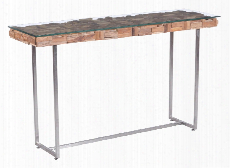 100259 Collage Collection 55quot; Console Table With Stainless Steel Base Tempered Glass Top And Recycled Teak Wood Pieces In Natural Honey