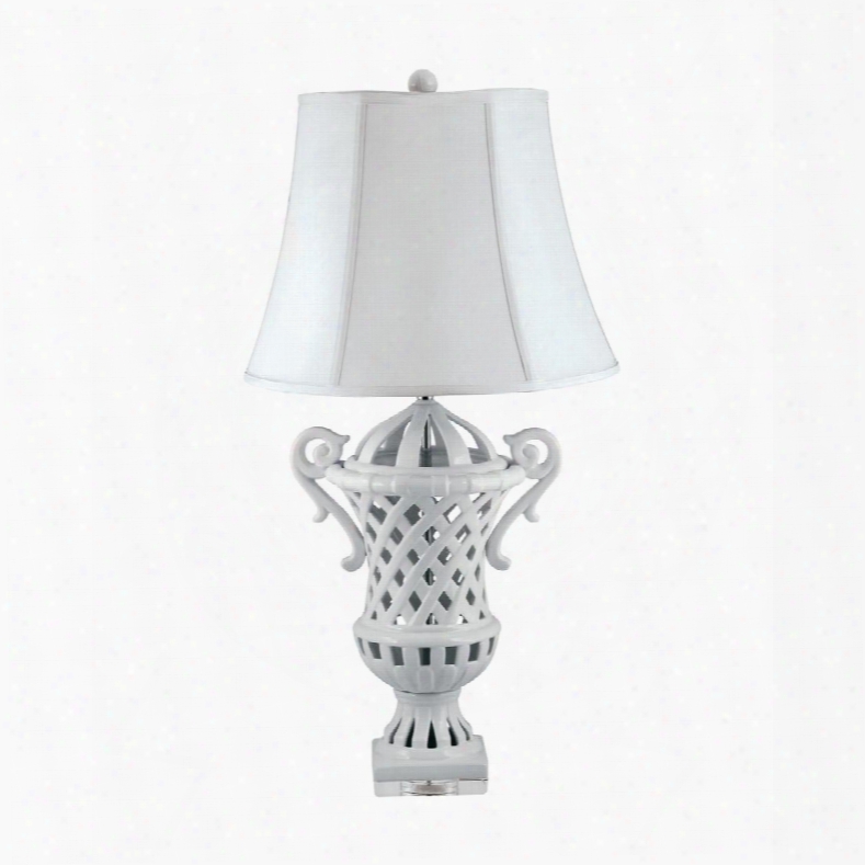 285 Lattice-handled Ceramic Urn Table Lamp In White Porcelain