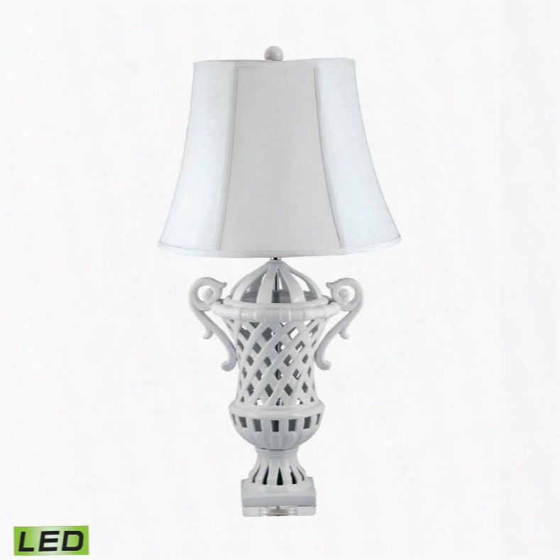 285-led Lattice-handled Ceramic Urn Led Table Lamp In White Porcelain