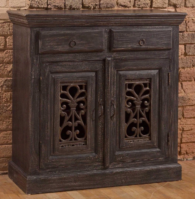 5727-890 Morrisa 36" Square Sideboard With 2 Drawers 2 Heavily Detailed Doors And Mangifera Indica Construction In Distressed Black