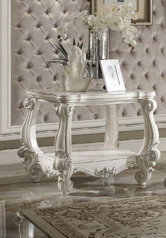 82124 Versailles Square End Table With Open Compartment Bottom Shelf And Scrolled Legs In Bone White Silver Contrast