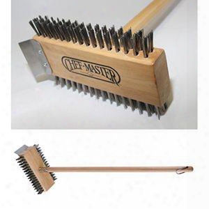 90042 Classic Broiler Brush With 30" Handle 8" Head Brass Bristles Stainless Steel Scraper Blade And Double Crimpled