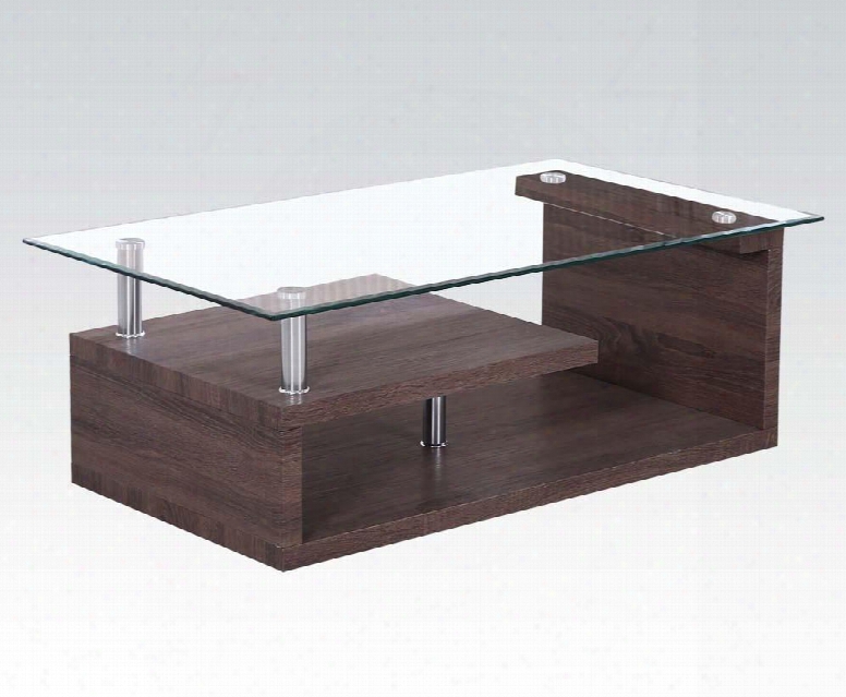 Alfie Collection 80405 43" Coffee Table With 8mm Clear Tempered Glass Top 2 Shelves Beveled Edges Stainless Steel Tube And Paper Veneer Materials In Dark