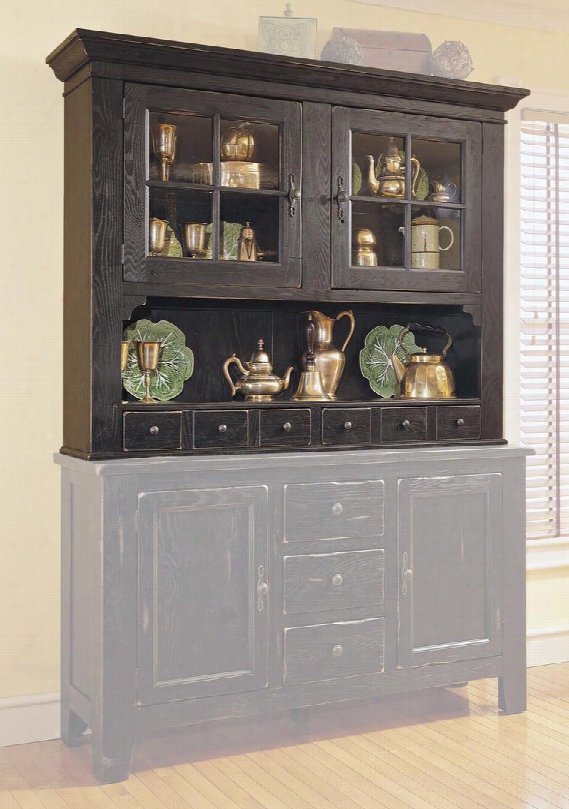 Attic Heirlooms 5397-66b 62" Wde China Door Hutch With 2 Drawers 2 Straw Glass Doors Glass Shelves And Touch Hinge To Activate Lighting In Antique Black