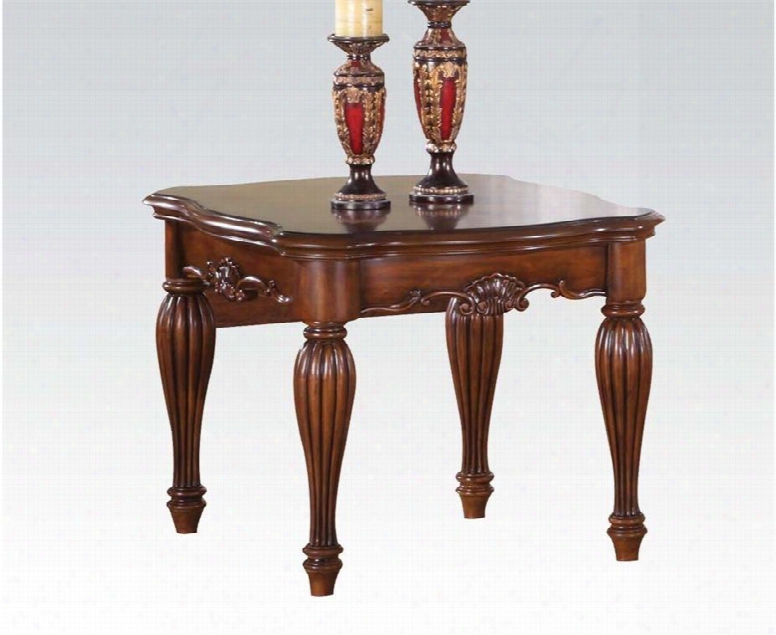 Dreena 10291 26" End Table With Carved Apron Tapered Legs  Beveled Table Edge Solid Wood And Veneers In Brown Cherry