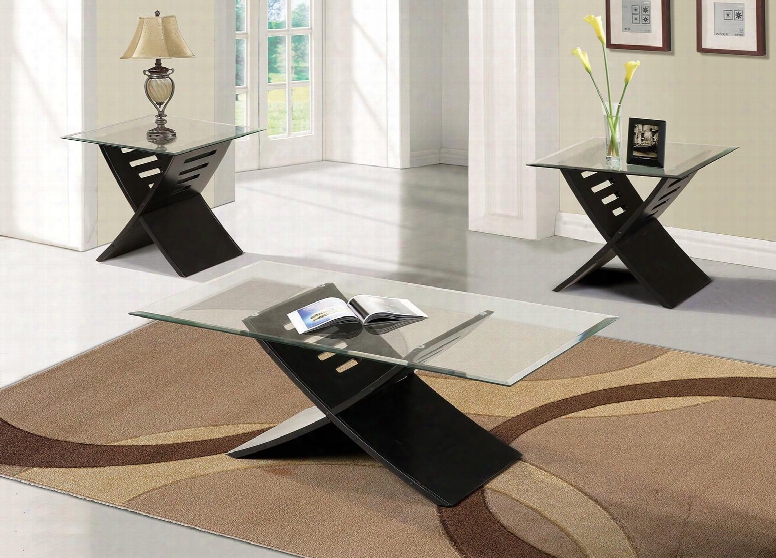 Elhan Collection 80830 3 Pc Living Room Table Set With Coffee Table 2 End Tables Clear Tempered Glass Top Beveled Edges And "x" Wooden Panel Base In Black