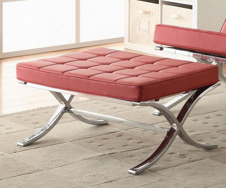 Elian 96378 30" Ottoman With X-styled Chrome Metal Steel Tube Leg Button Tufted Seat Cushion And Pu Leather Upholstery In Red