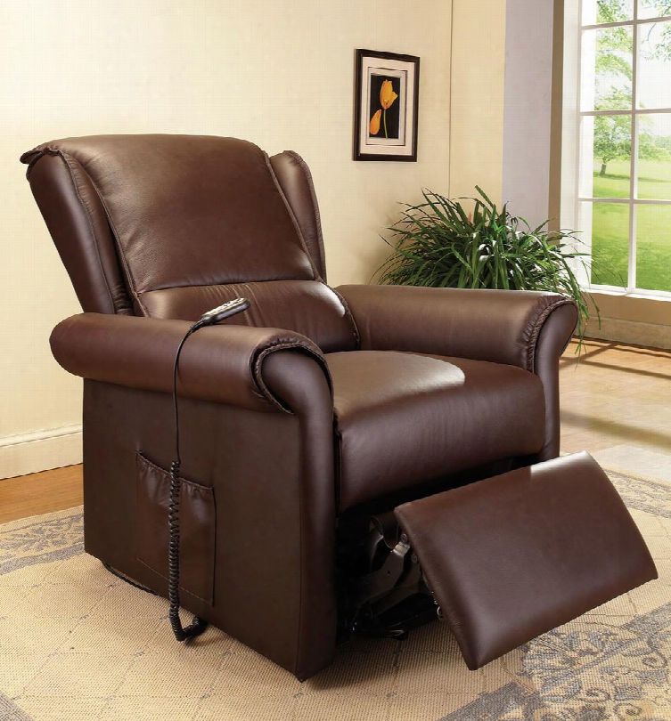 Emari Collection 59169 34" Electric Lift Recliner With Massage Function Side Pocket Power Controller Rolled Arms And Pu Leather Upholstery In Dark Brown