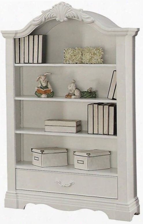 Estrella Collection 39159 41" Bookcase With 1 Drawer 3 Shelves Arched Crown Scrolled Shell Details Metal Hardware And Pine Wood Construction In White