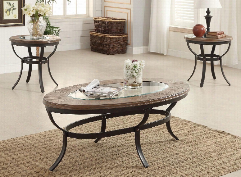 Everton Collection 81540 3 Pc Living Room Table Set With 5mm Clear Tempered Glass Top Beveled Edges Wooden Trim Top Support Ring And Metal Frame In Oak And