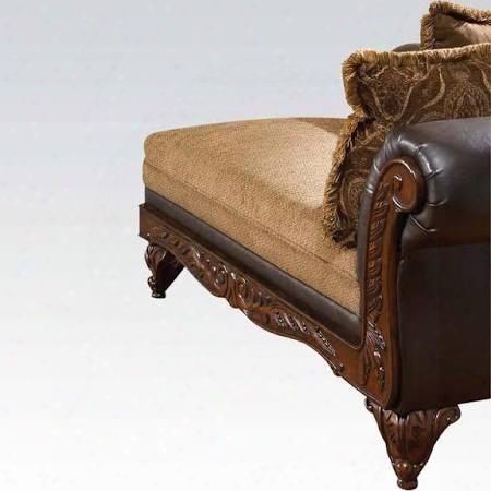 Fairfax Collection 50342 60" Chaise With 2 Pillows Included Rolled Arms Leaf Scroll Carvings Made In Usa Fabric And Pu Leather Upholstery In Chocolate