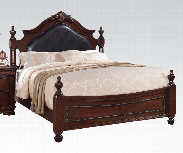 Gwynet Collection 21874ck 93" California King Size Bed With Black Pu Capped Decorative Carving Detailed Finial Posts Bun Feet And Elegant Styling In Cherry