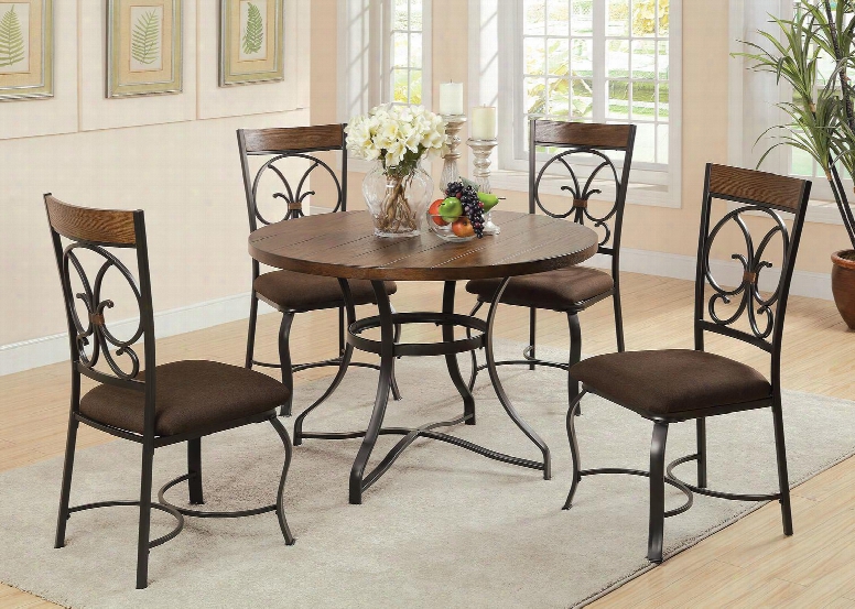 Jassi Collection 71124 5 Pc Dining Room Set With Scrolled Metal Backrest Curved Legs Dark Brown Fabric Chair Cushion Dark Cherry Wood Insert And Metal Frame