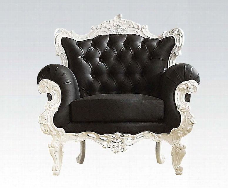 Nels 59138 39" Accent Chair With Rolled Arms Carved Crown Top Button Tufted Back And Pu Leather Uphplstery In Black