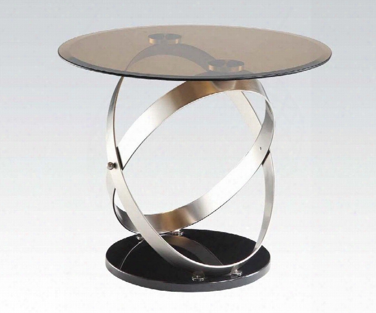 Olly Collection 80927 26" End Table With 8mm Tempered Smoky Glass Top Satin "x" Style Overlap Metal Hoops Standbeveled Edge And Medium-density Fiberboard