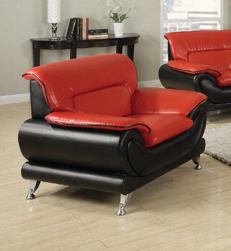 Orel Collection 50712 47" Chair With Chrome Metal Legs Rolled Arms Wood Frame Tight Cushion And Bonded Leather Upholstery In Red And Black