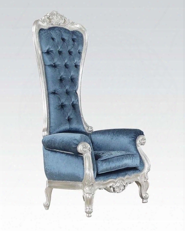 Raven 59142 34" Accent Chair With Button Tufted Back Rolled Arms High Back Silver Wood Frame And Fabric Upholstery In Blue