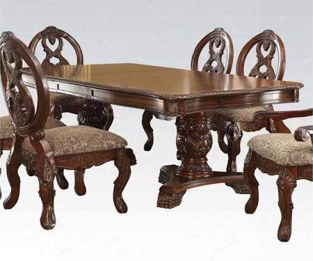 Rovledo Collection 60800 80" Extendable Dining Table With 2 Extension Leaves Double Pedestal Base Ornamental Details And Floral Carvings In Cherry