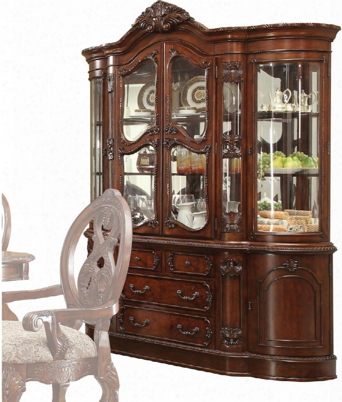 Rovledo Collection 60804 72" China Cabinet With 6 Doors 4 Drawers 3 Touch Lights Ornamental Crown Coffee Patjna Metal Handles And Knobs In Cherry