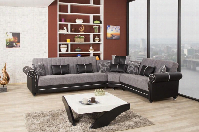 Royal Home Rohosecqgp Convertible Sectional Sofa Bed Nail Head Accents Turned Feet Sliders And Rolled Arms In Quantro Gray
