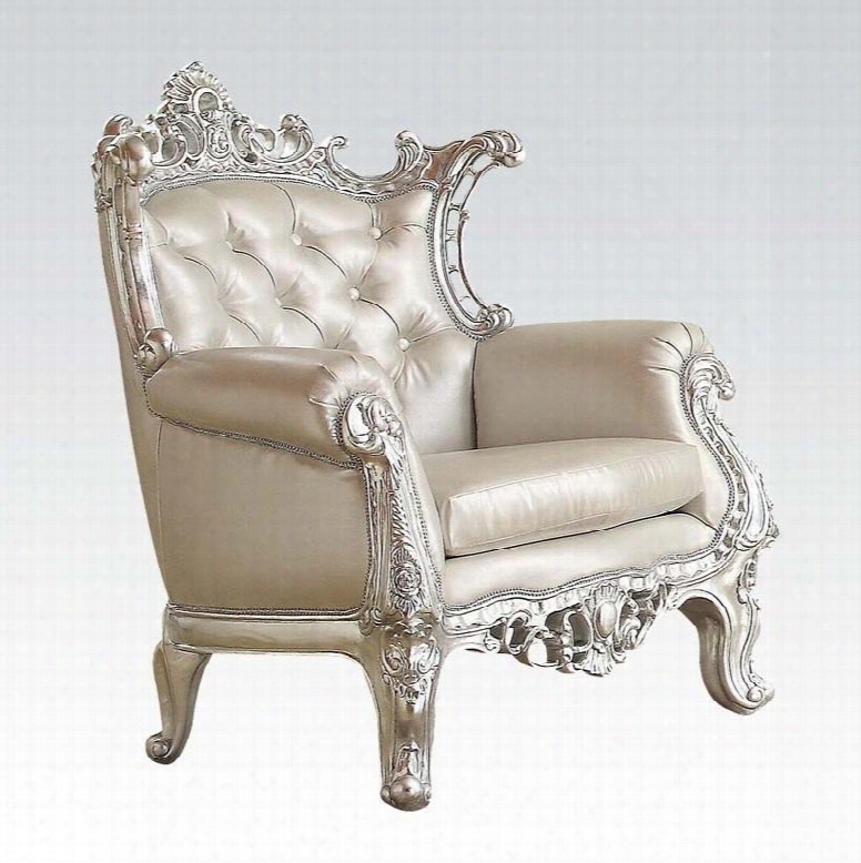 Sanjay 59125 30" Accent Chair With Rolled Arms Cabriole Legs Button Tufted Back Carved Wood Frame And Pu Leather Upholstery In Silver