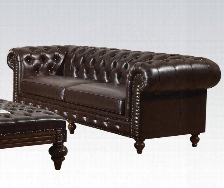 Shantoria Collection 51315 95" Sofa With Nail Head Trim Rolled Arms Loose Seat Cushions Turned Legs Wood Frame And Bonded Leather Upholstery In Dark Brown