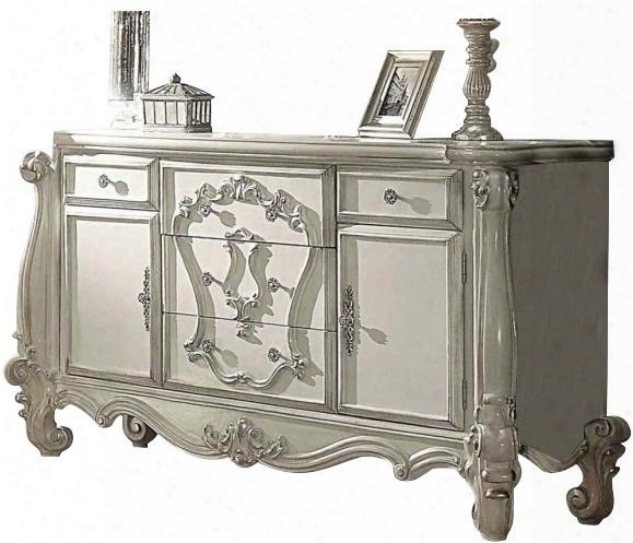 Versailles Collection 21135 70" Dresser With 5 Felt Lined Drawers 2 Doors Scrolled Legs And Decorative Copper Metal Hardware In Bone