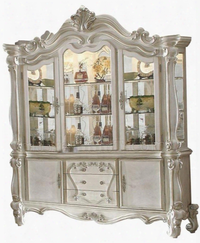 Versailles Collection 61134 75" China Cabinet With 2 Glass Doors 2 Wooden Doors 2 Glass Shelves 3 Drawers Touch Light And Scrolled Legs In Bone White