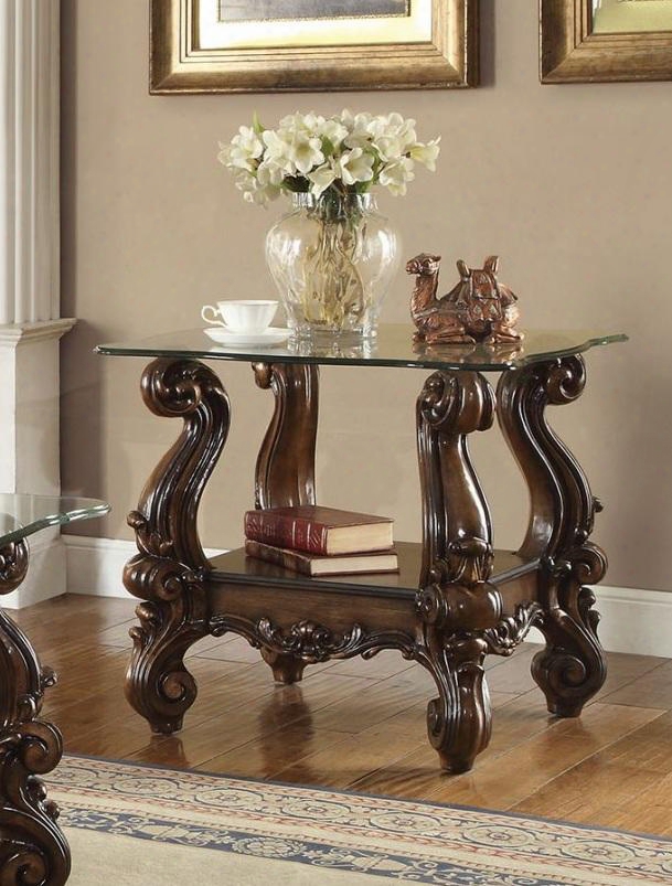 Versailles Collection 82101 28" Square End Table With 10mm Tempered Clear Glass Top Beveled Edges Scroll Legs And Bottom Shelf In Cherry Oak