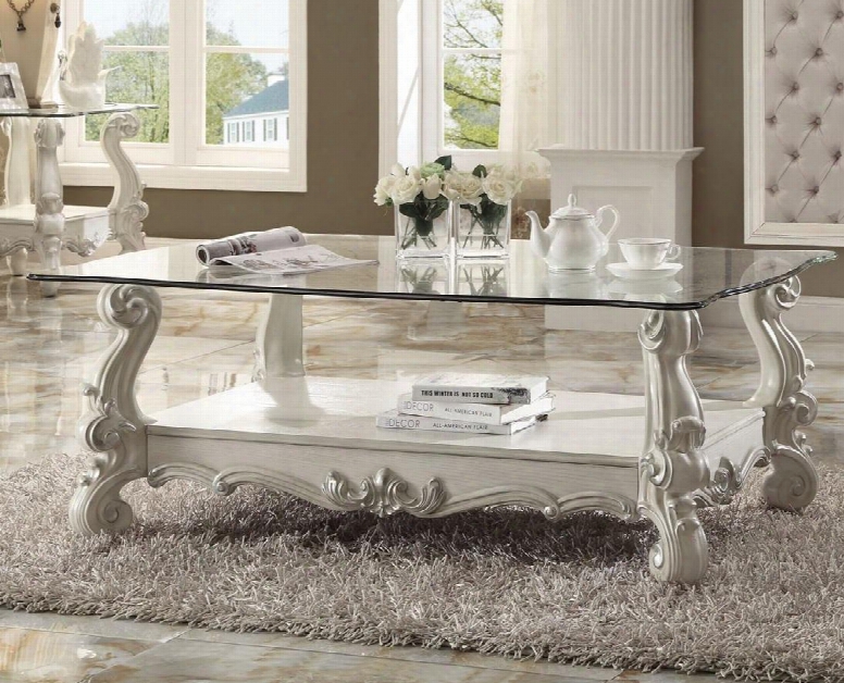 Versailles Collection 82103 56" Rectangular Coffee Table With 10mm Tempered Clear Glass Top Beveled Edges Scroll Legs And Bottom Shelf In Bone White