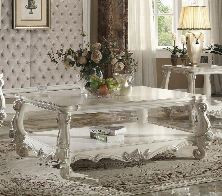 Versailles Collection 82123 59" Rectangular Coffee Table With Open Compartment Bottom Shelf Carved Apron And Scrolled Legs In Bone White Silver Contrast