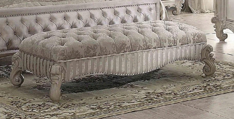 Versailles Collection 96540 65" Rectangular Bench With Button Tufted Padded Seat Ivory Fabric Upholstery Nailhead Trrim Scrolled Legs And Apron In Bone